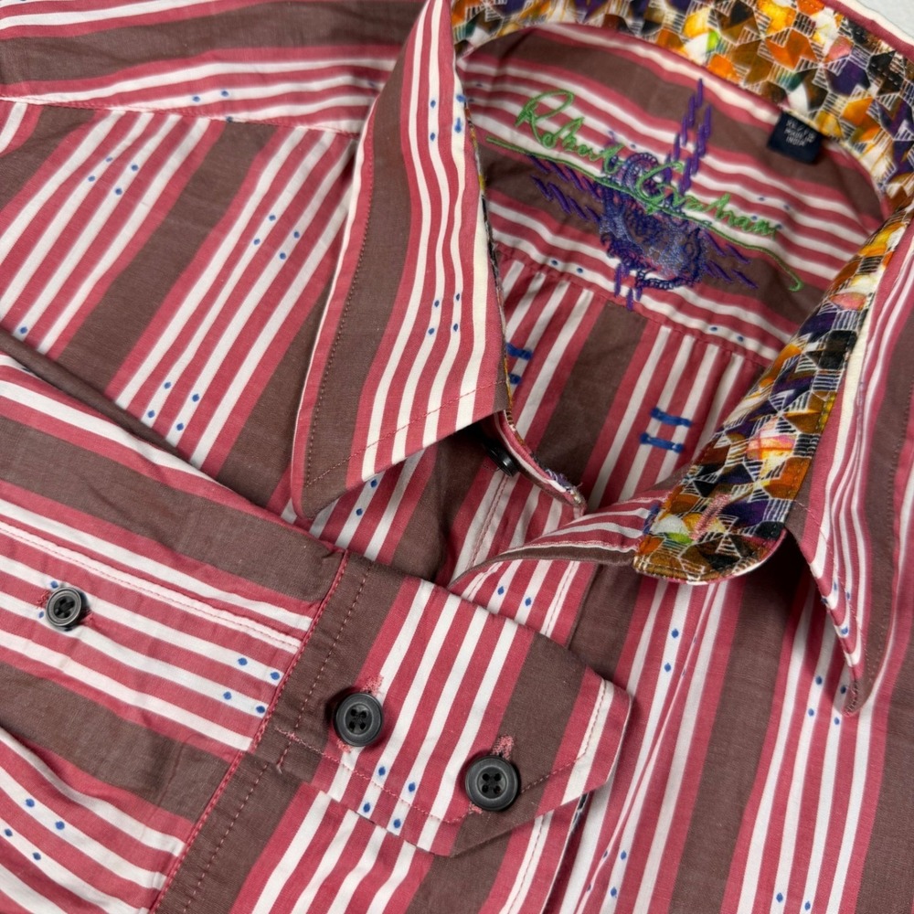 Robert Graham Long Sleeve Button Down Mens XL Brown Red White Blue Striped EUC